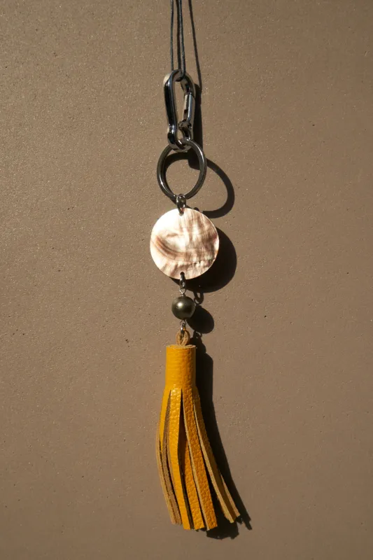 Tahitian Bora Bora Black Pearl & Mother Pearl Shell Leather Keychain in Yellow sold by Dr. Collectors