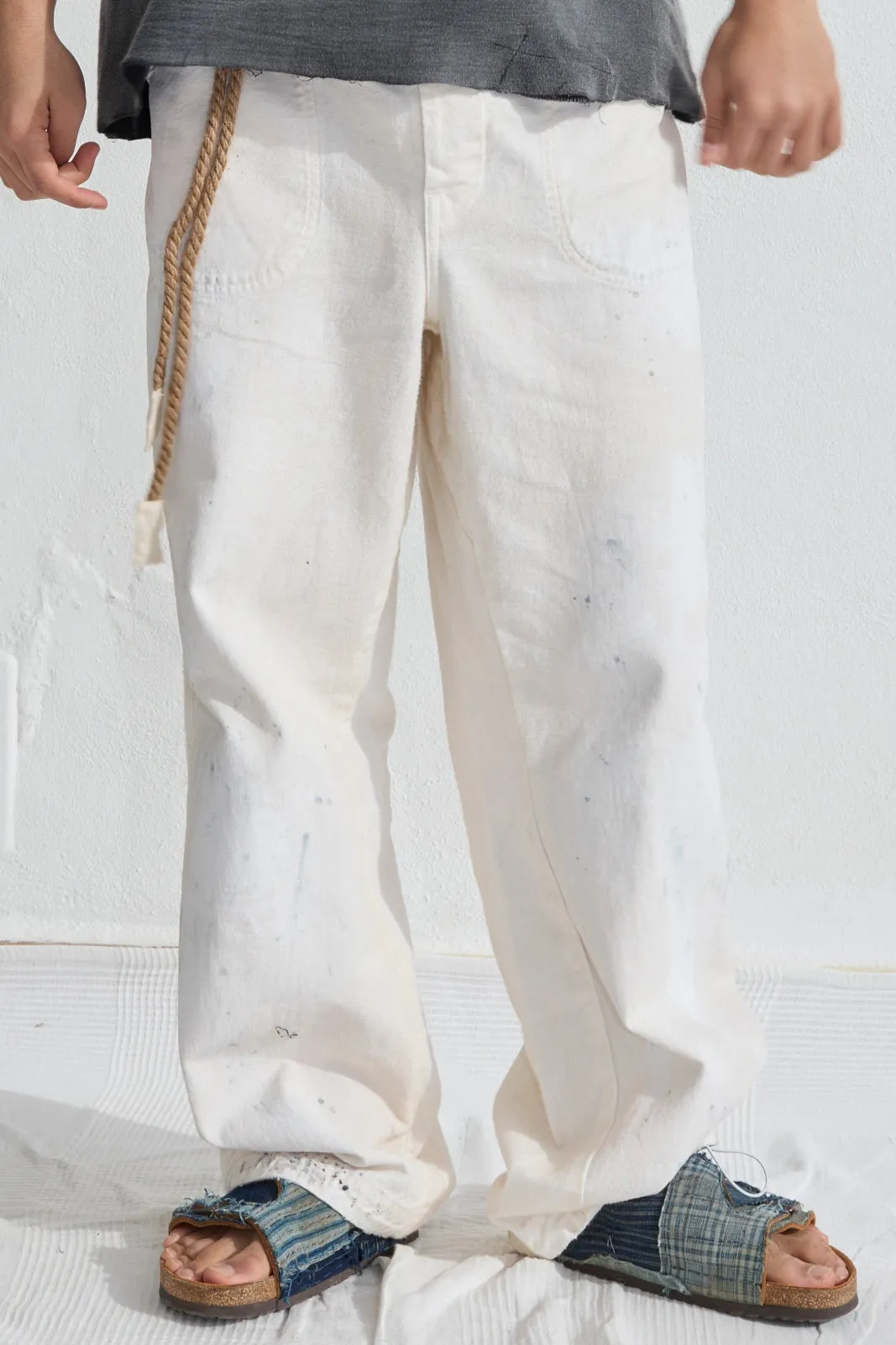 P85 HBT 9oz Linen/Organic Cotton Sun Faded Dye Off White + Paint Splatter sold by Dr. Collectors