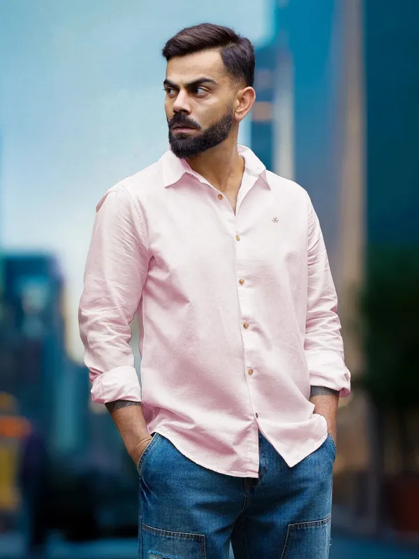 Solid Linen Blend Slim Fit Shirt | Pink sold by Wrogn