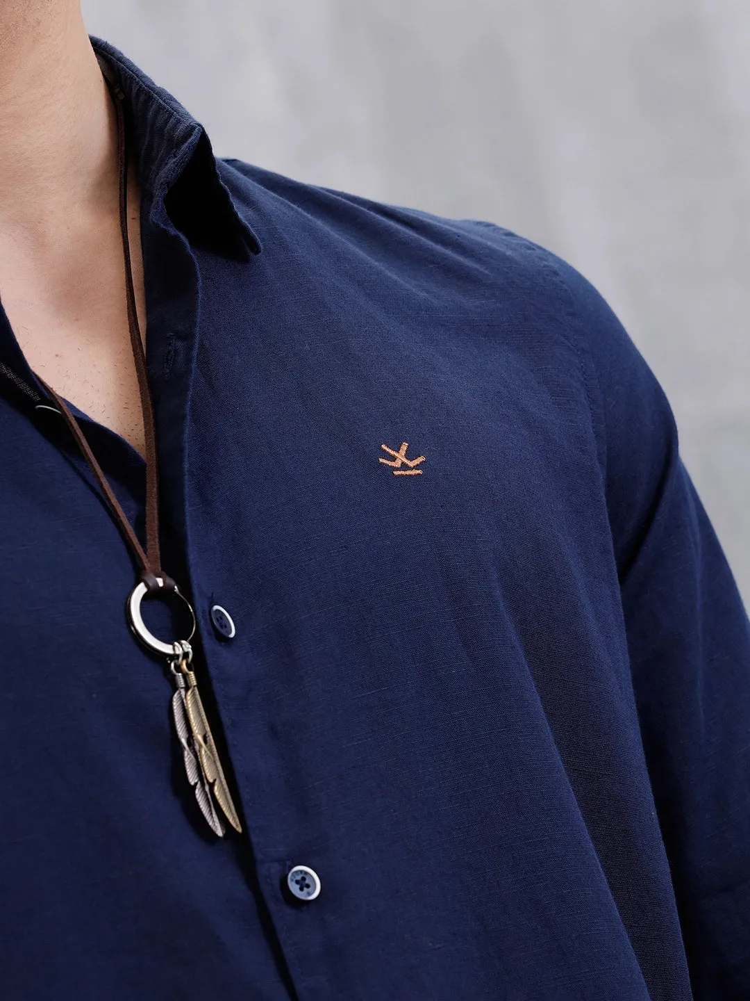 Solid Linen Blend Shirt | Navy Blue sold by Wrogn product image thumbnail 5