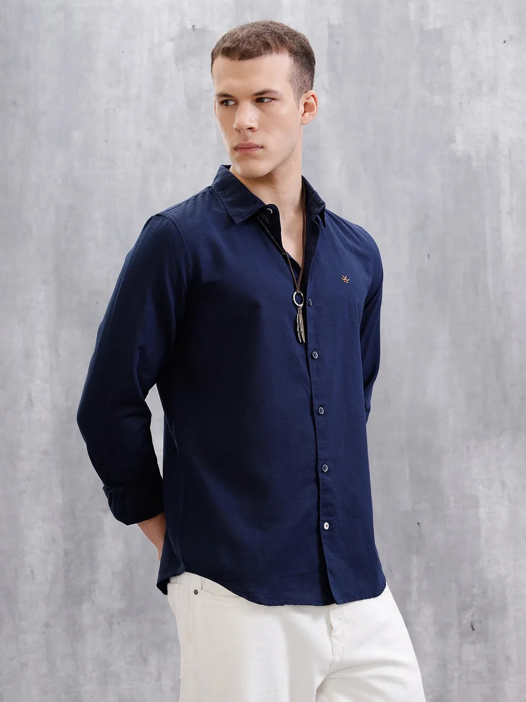 Solid Linen Blend Shirt | Navy Blue sold by Wrogn product image thumbnail 4