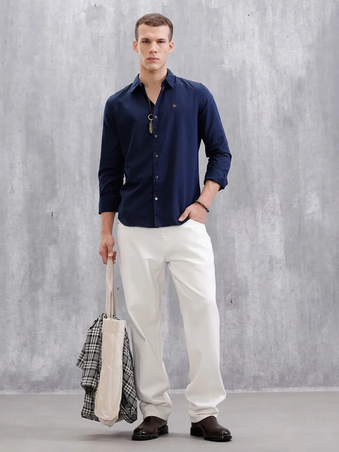 Solid Linen Blend Shirt | Navy Blue sold by Wrogn product image thumbnail 2