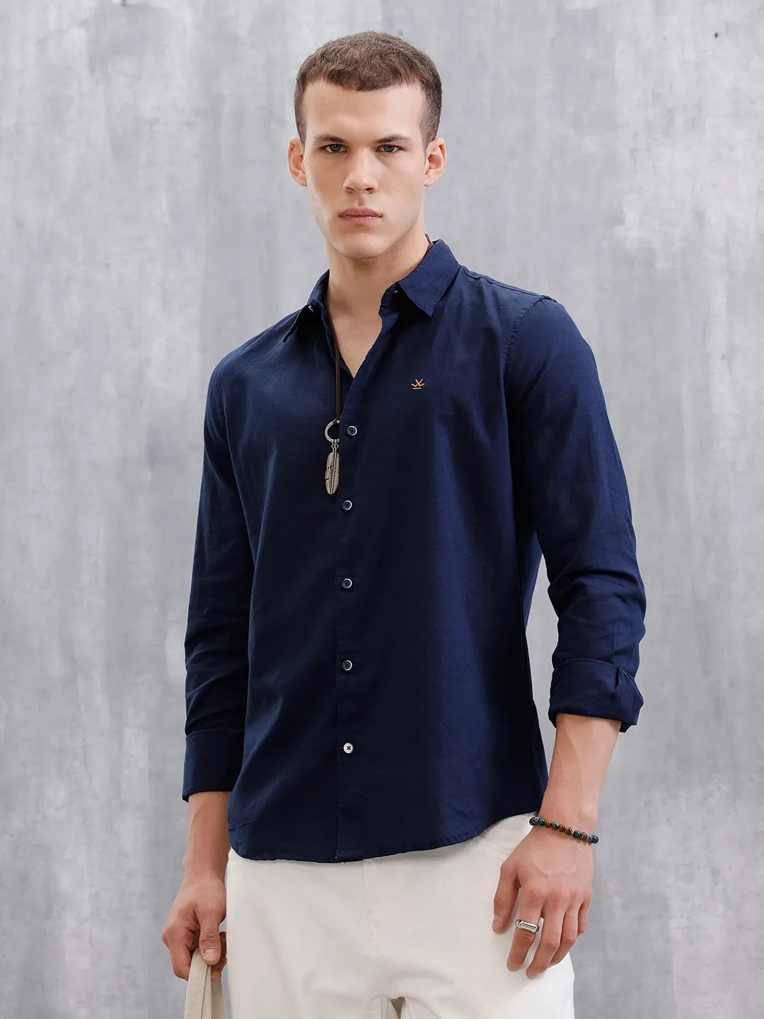 Solid Linen Blend Shirt | Navy Blue sold by Wrogn