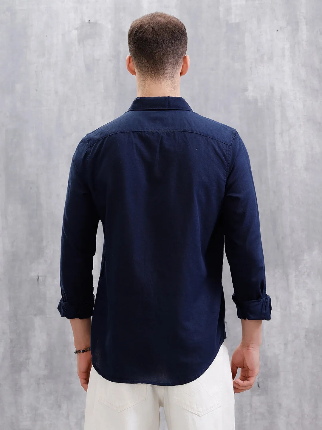 Solid Linen Blend Shirt | Navy Blue sold by Wrogn product image thumbnail 3