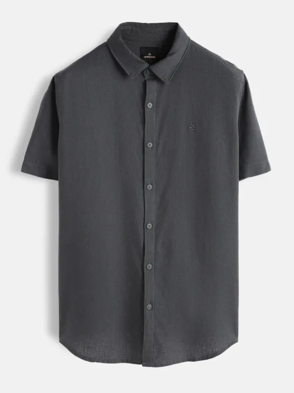 Solid Linen Blend Slim Fit Shirt | Dark Grey sold by Wrogn