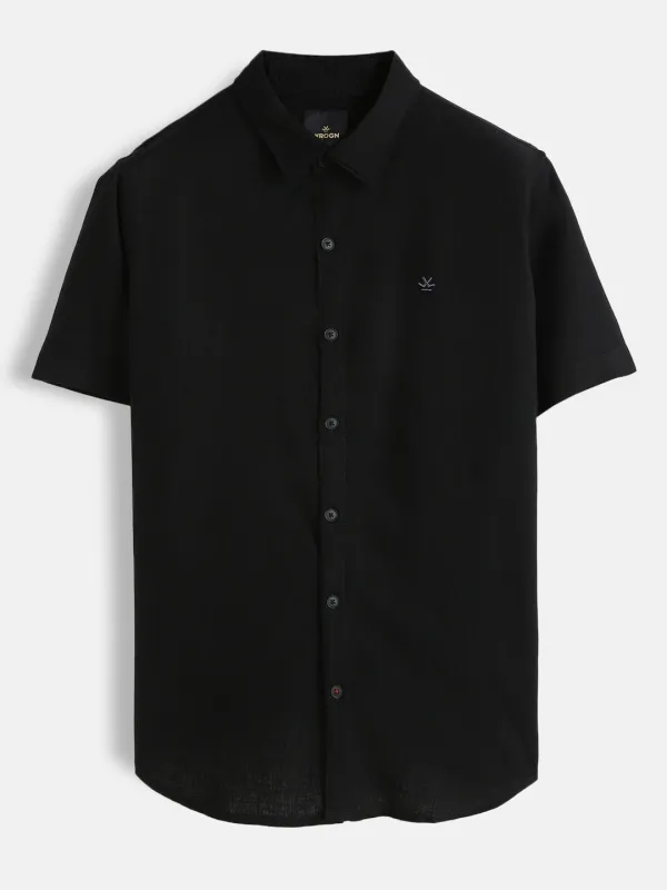 Solid Short Sleeve Linen Blend Shirt | Black sold by Wrogn