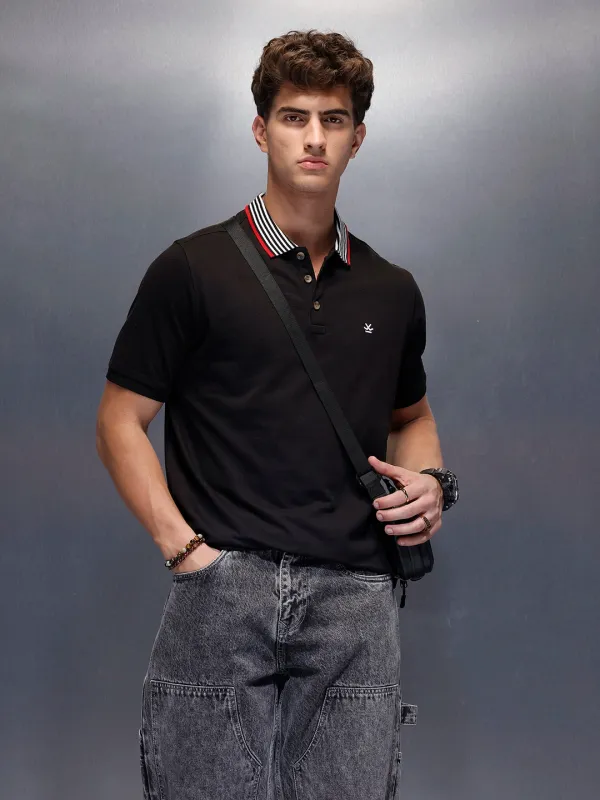 Solid Slim Fit Polo T-Shirt  | Black made by Wrogn