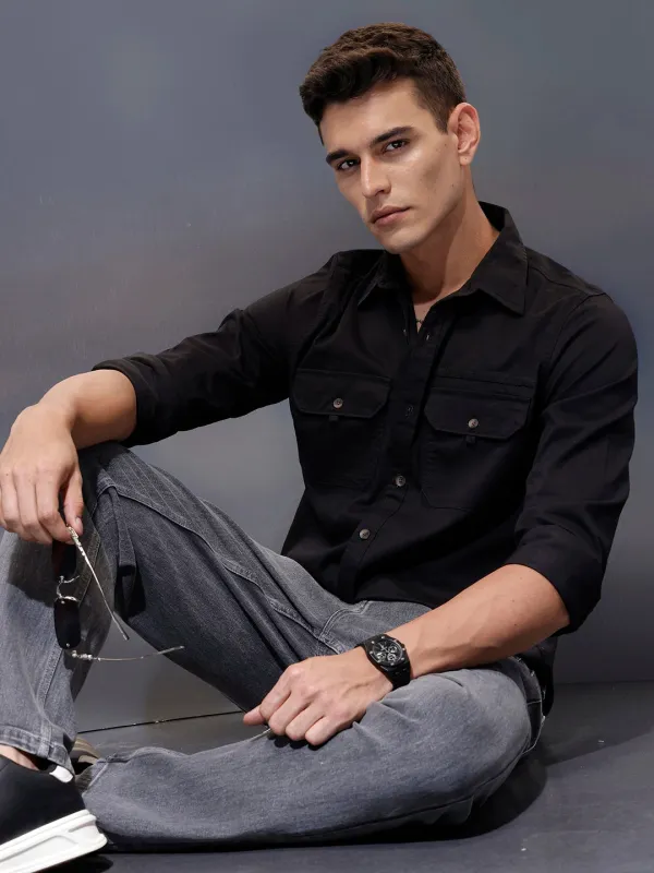 Men's utility shirt with dual chest pockets | Black sold by Wrogn
