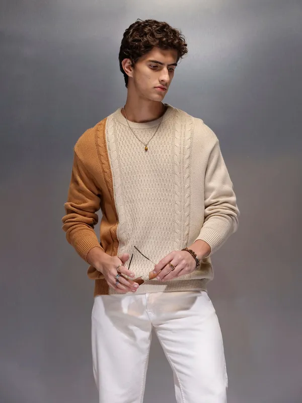 Men's Slim Fit Cable Knit Colorblocked Sweater  |  White sold by Wrogn