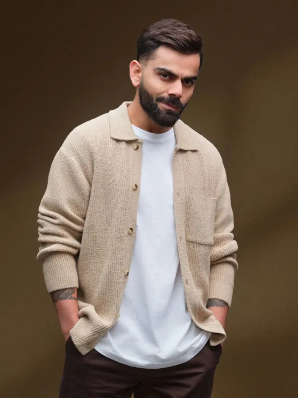 Textured Knit Button-Down Sweater  | Beige sold by Wrogn