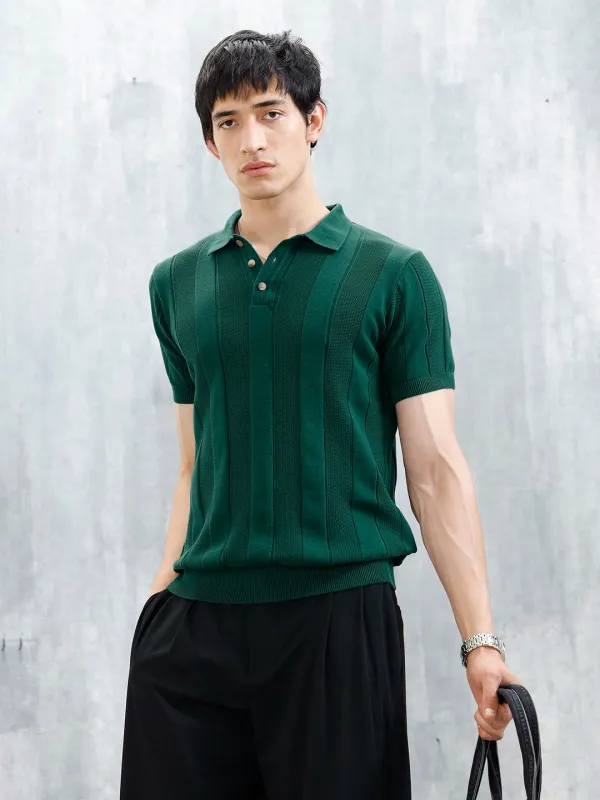 Classic Flat Knit Textured Polo T-Shirt For Men | Green made by Wrogn