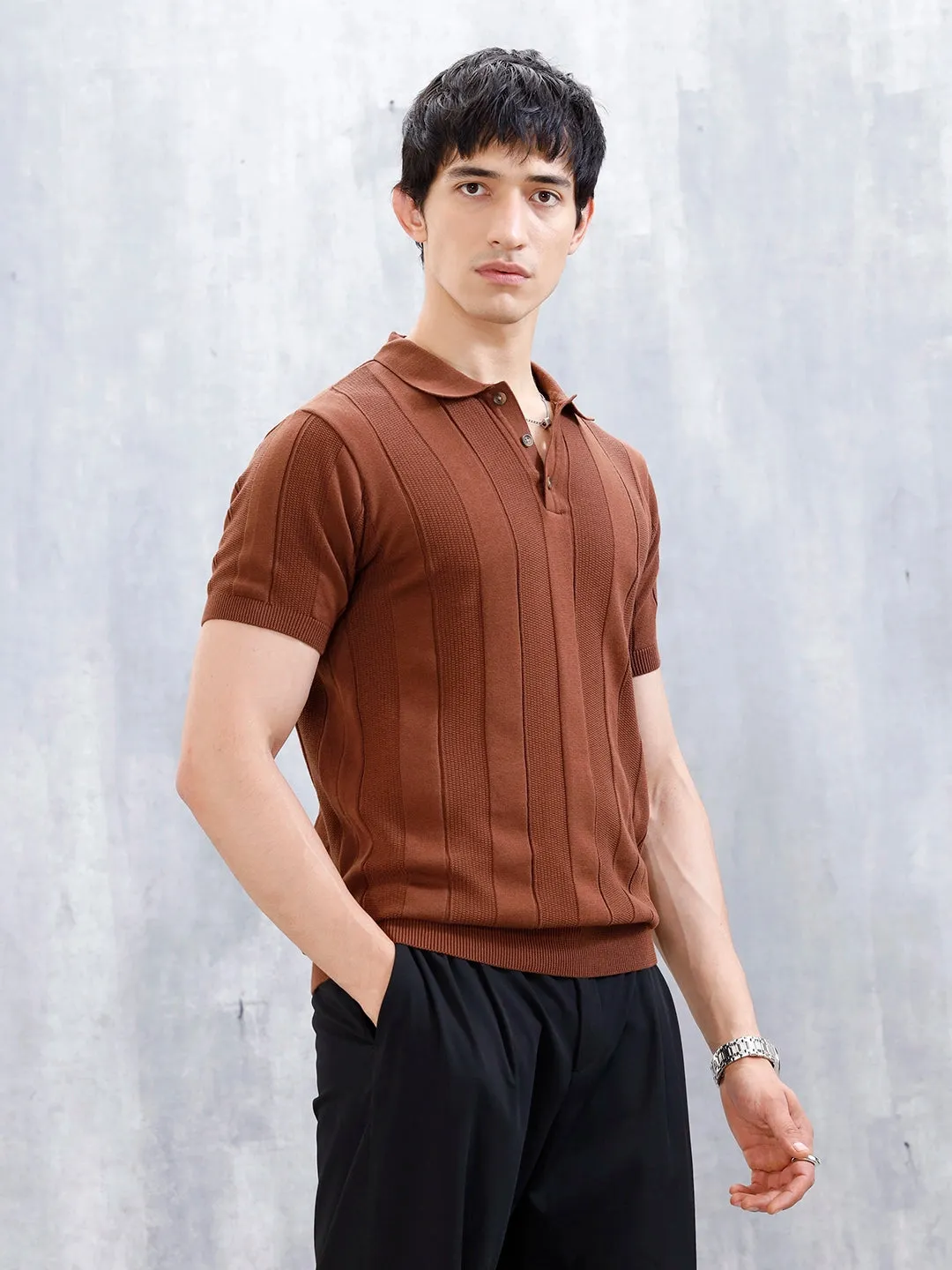 Classic Flat Knit Textured Polo T-Shirt For Men | Brown sold by Wrogn product image thumbnail 4