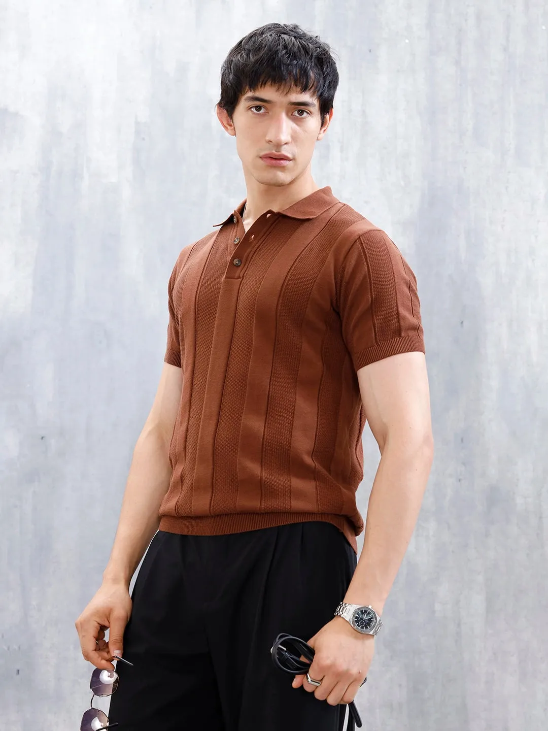 Classic Flat Knit Textured Polo T-Shirt For Men | Brown sold by Wrogn