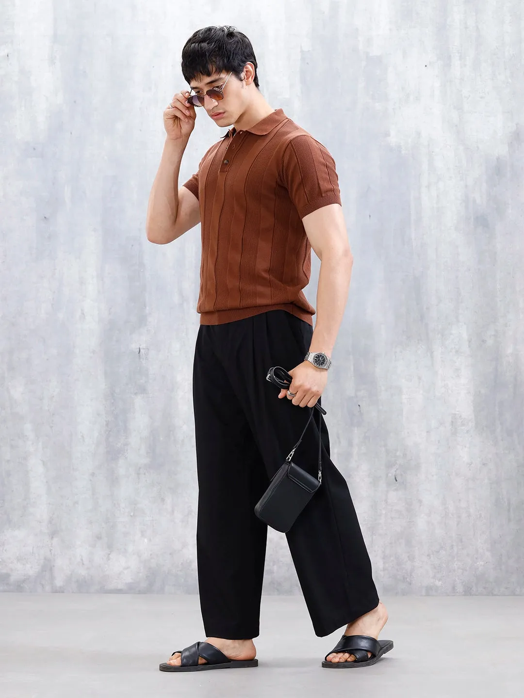 Classic Flat Knit Textured Polo T-Shirt For Men | Brown sold by Wrogn product image thumbnail 2
