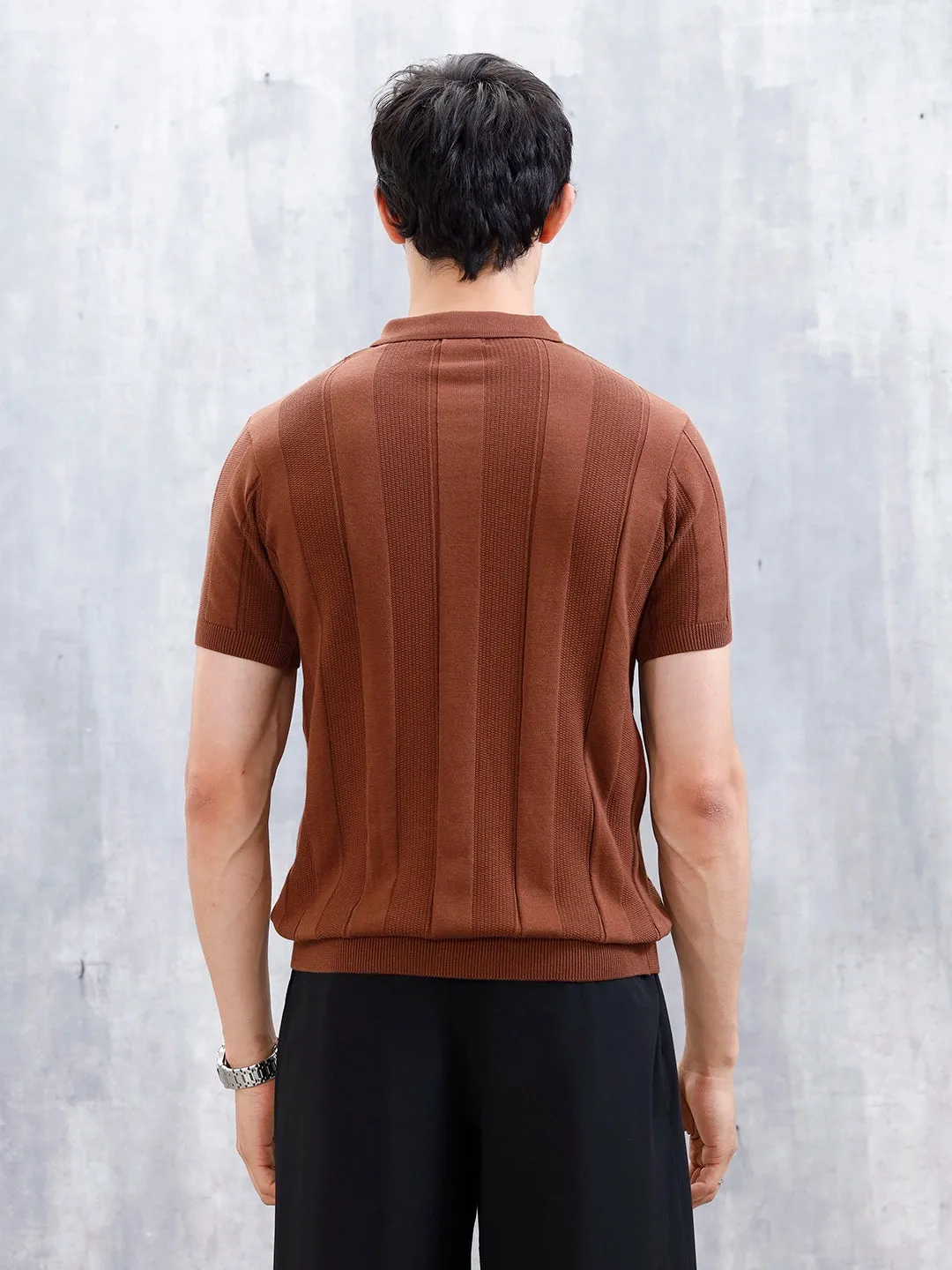 Classic Flat Knit Textured Polo T-Shirt For Men | Brown sold by Wrogn product image thumbnail 3