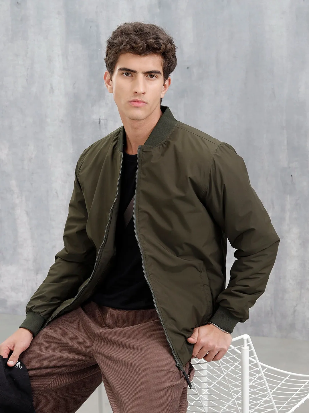 Men's Casual Solid Bomber Jacket | Olive sold by Wrogn