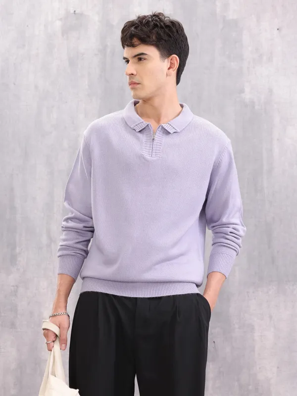 Knitted Pullover With Stylized Half Zip Polo Collar | Lavender sold by Wrogn