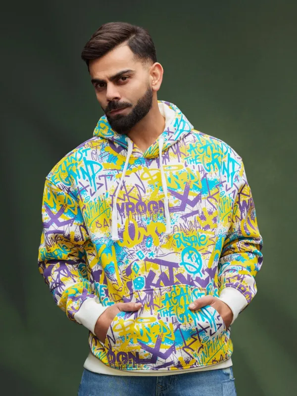 All Over Graffiti Print In Oversized Hoodie Pullover  |  Yellow sold by Wrogn