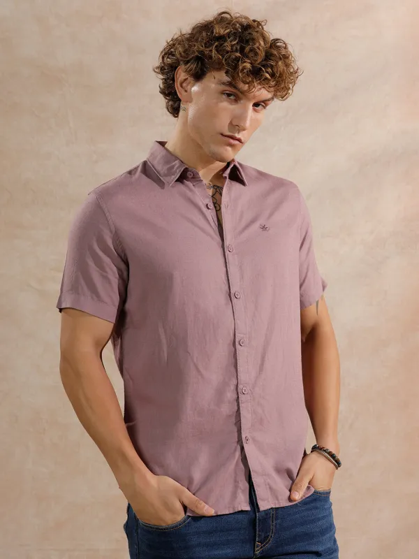 Solid Linen Blend Slim Fit Shirt | Dark Pink sold by Wrogn