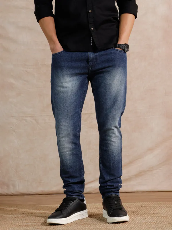 Solid Heavy Fade Slim Fit Jeans | Blue sold by Wrogn
