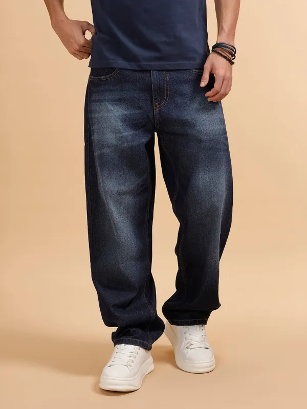 Casual Heavy Fade Loose Fit Jeans | Dark Blue sold by Wrogn