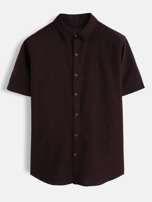 Solid Linen Blend Slim Fit Shirt | Maroon sold by Wrogn