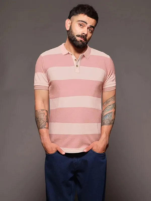 Casual Tonal Striped Polo T-Shirt | Peach sold by Wrogn