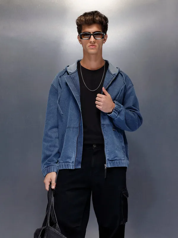 Blue Washed Utility Hooded Zip Jacket | Grey sold by Wrogn