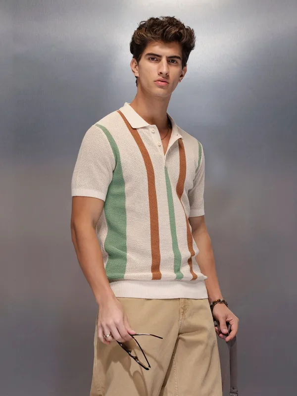 Retro Pastel Vertical Stripe Polo | Beige sold by Wrogn