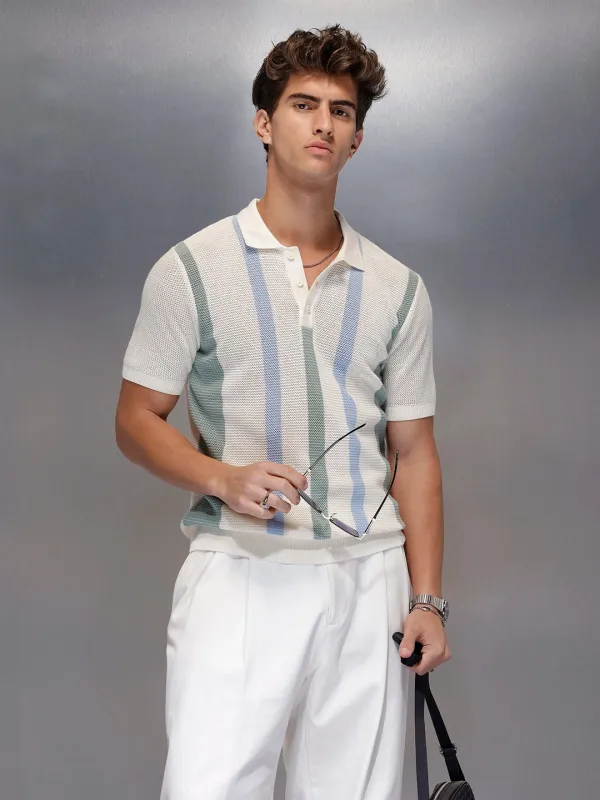 Pastel Stripe Textured Knit Polo | Off White sold by Wrogn