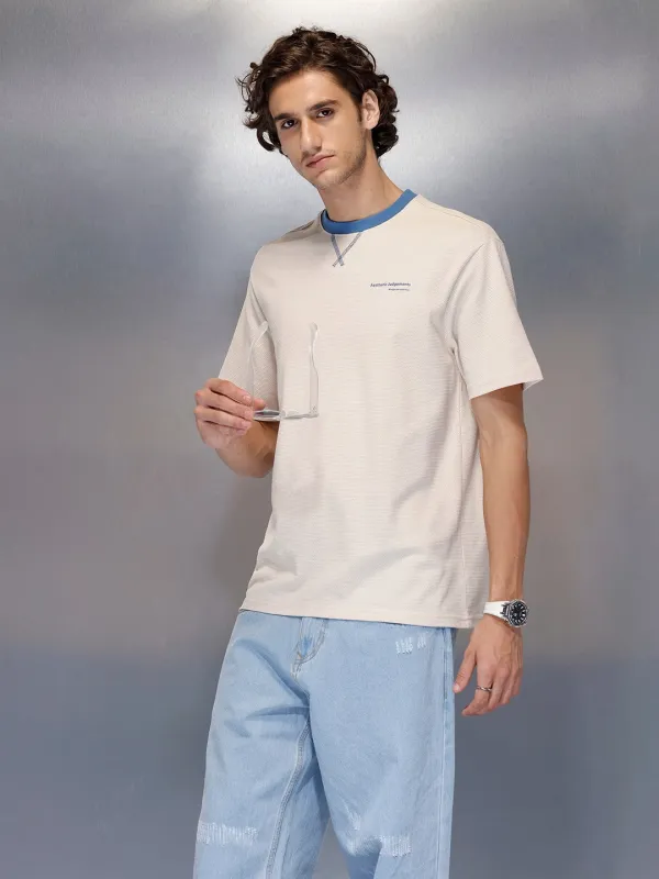 Men’s solid beige casual T-shirt with contrast crew neck | Beige sold by Wrogn