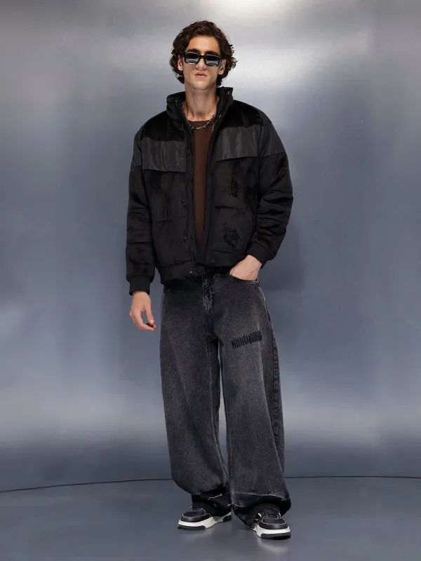 Men’s textured corduroy puffer with contrast panels | Black sold by Wrogn