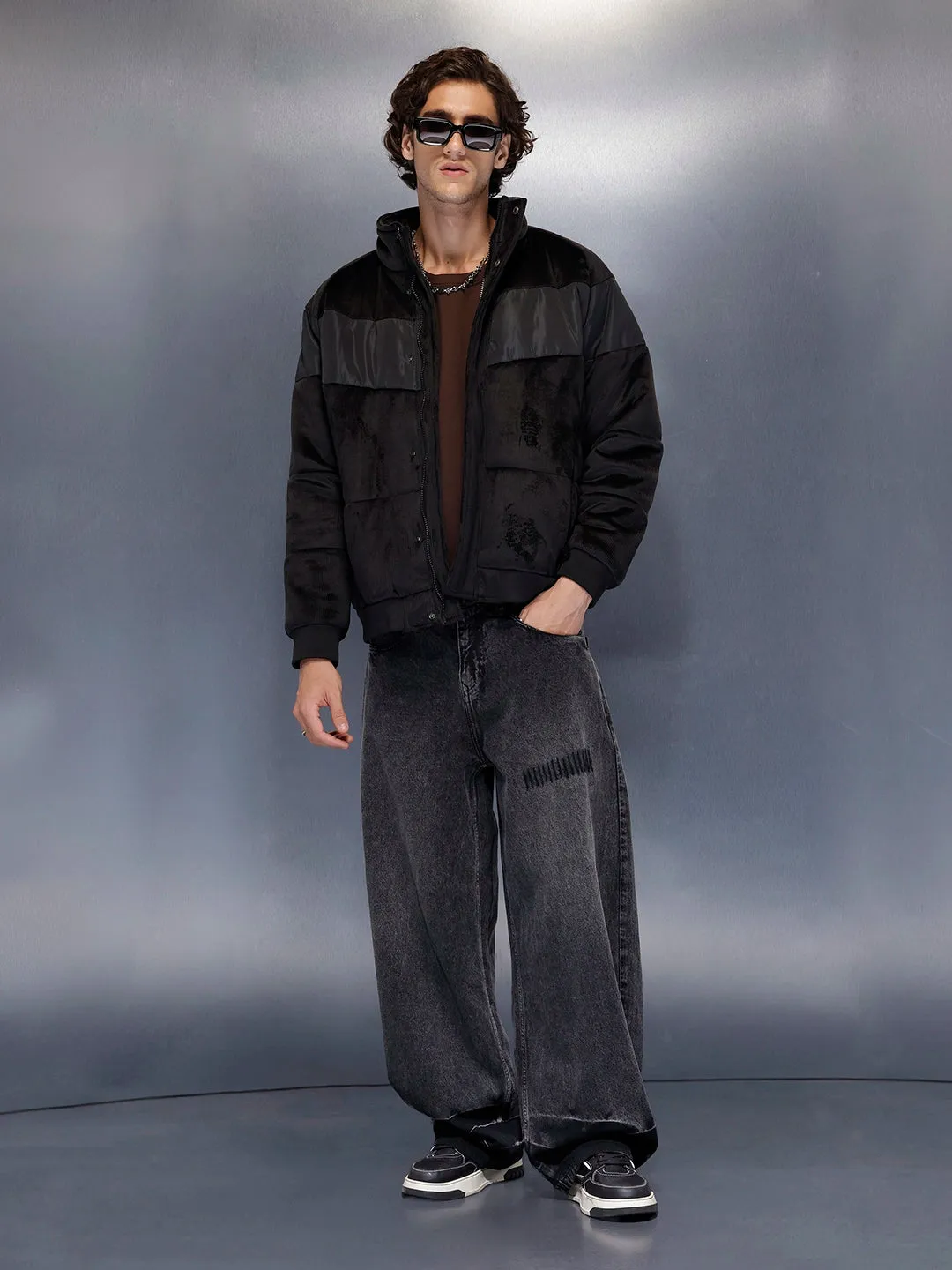 Men’s textured corduroy puffer with contrast panels | Black sold by Wrogn