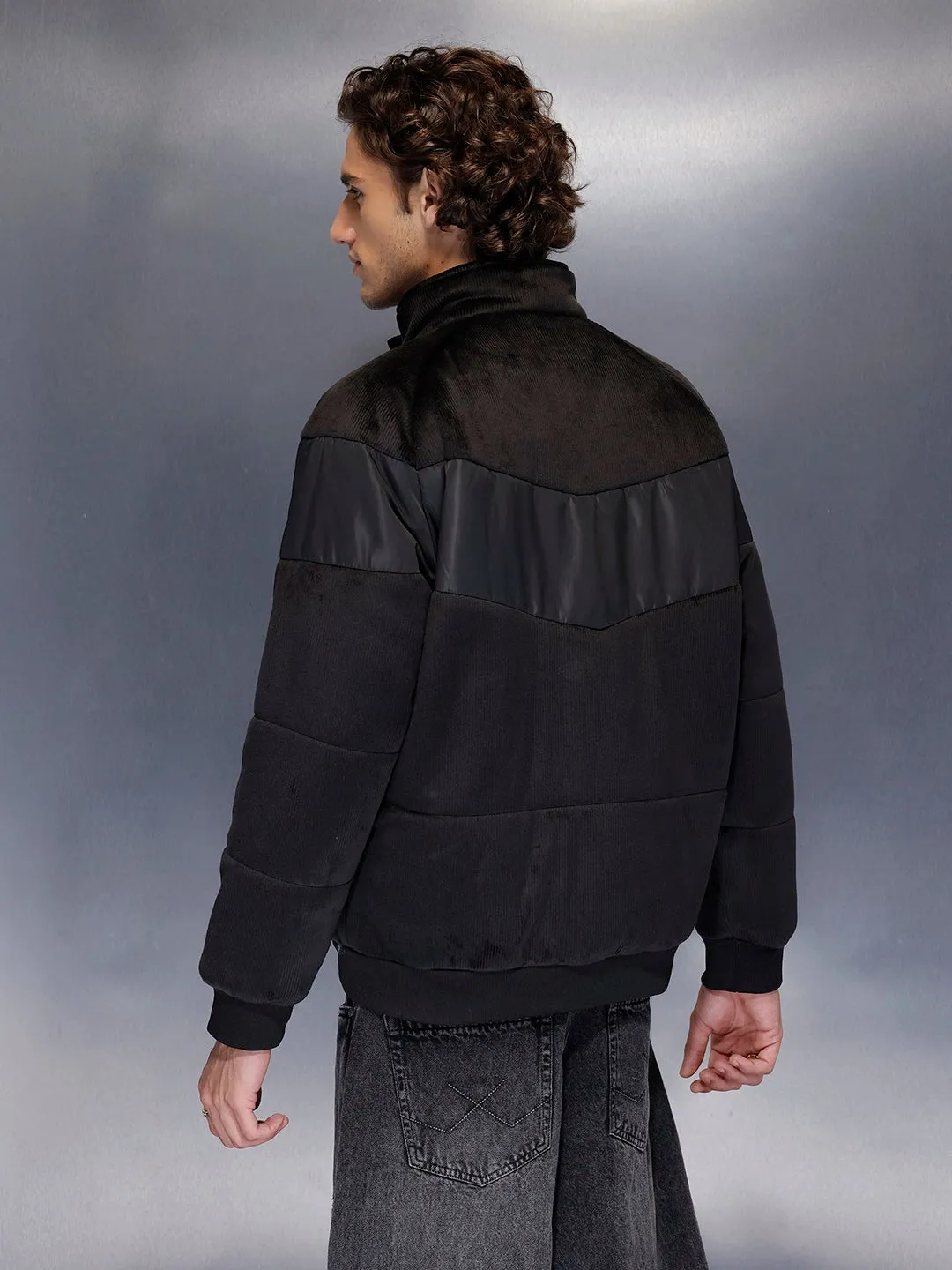 Men’s textured corduroy puffer with contrast panels | Black sold by Wrogn product image thumbnail 2
