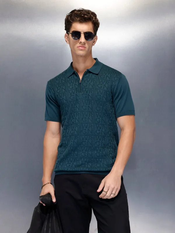 Men’s textured jacquard polo Tshirt | Teal sold by Wrogn