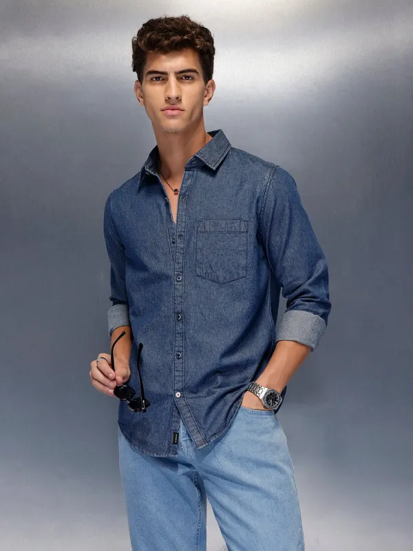 Washed slim fit denim shirt | Blue sold by Wrogn