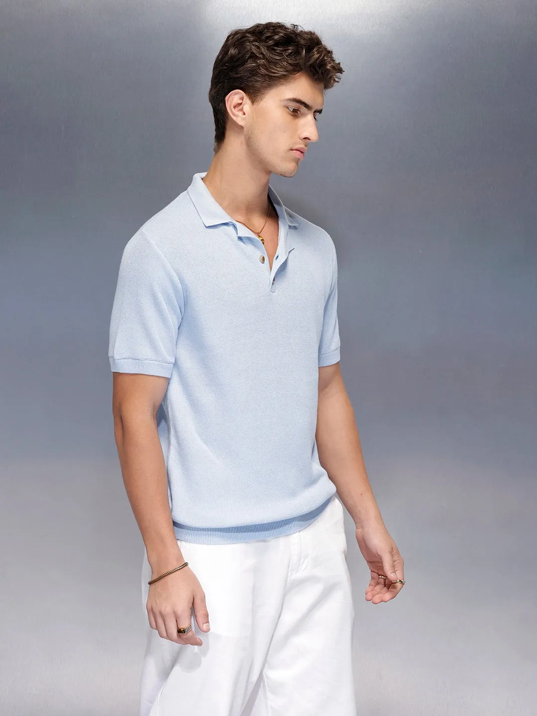 Fine- textured knit polo | Blue sold by Wrogn product image thumbnail 4