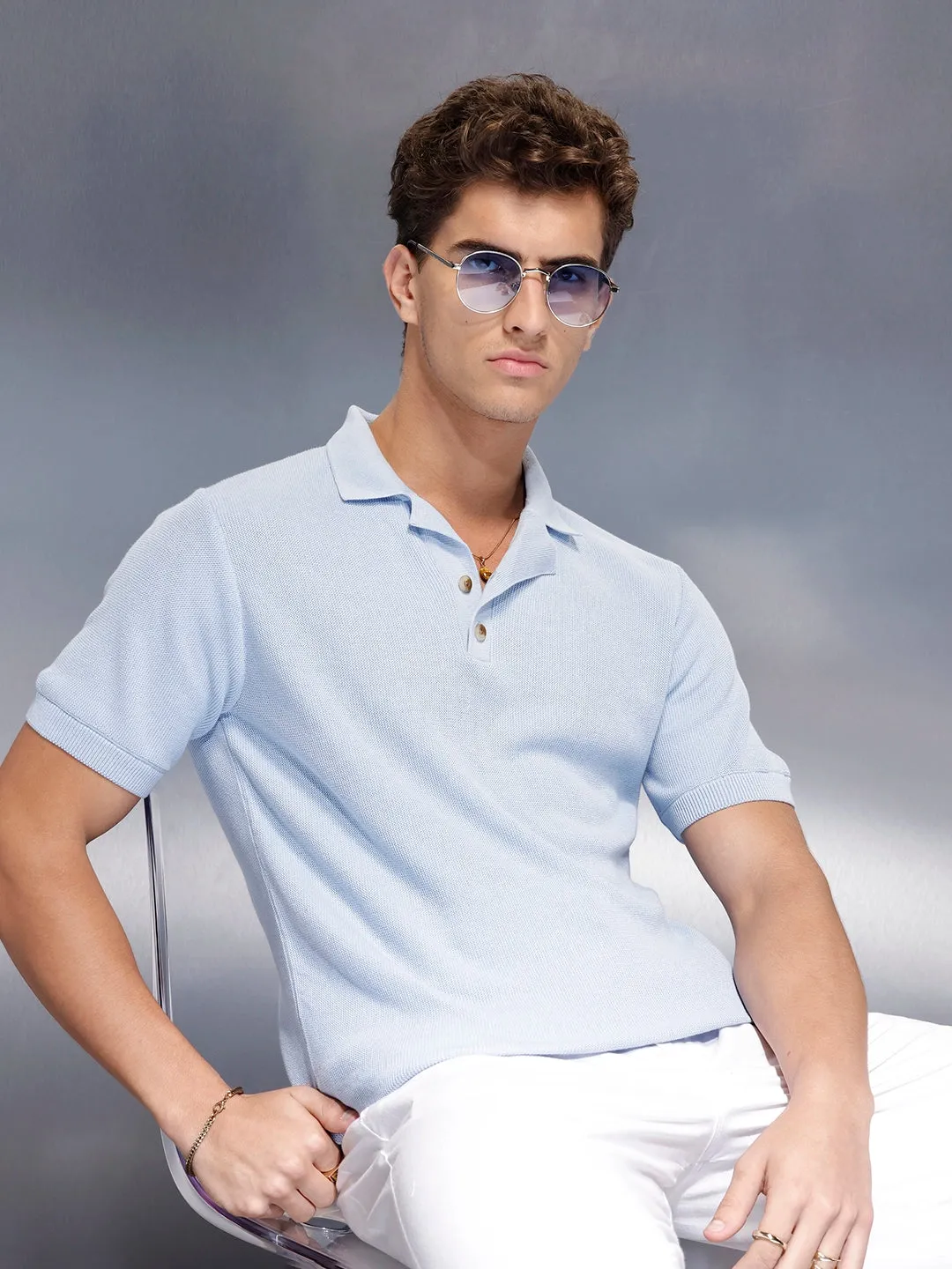 Fine- textured knit polo | Blue sold by Wrogn