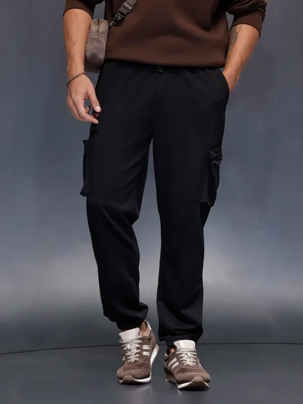 Men's casual Knitted jogger with cargo pockets | Black sold by Wrogn