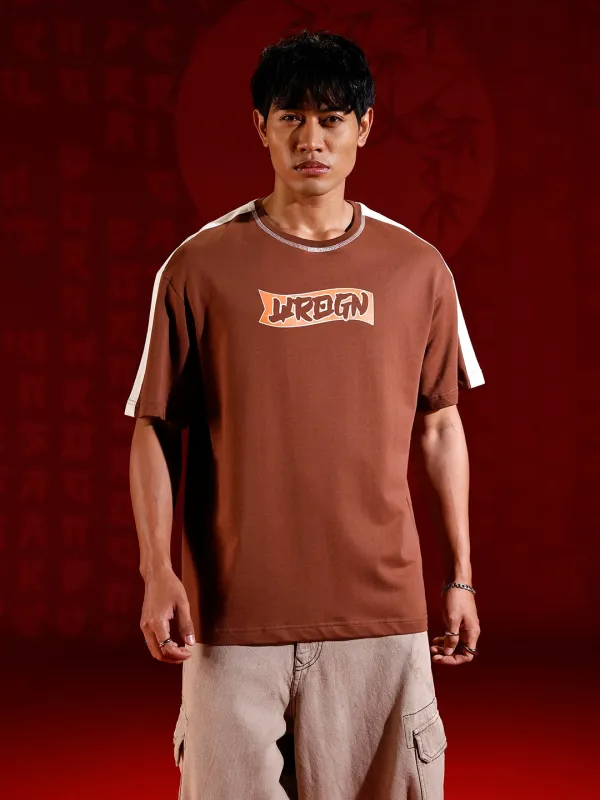 Oversize chest print T-shirt with contrast shoulder and Stitch detail | Brown sold by Wrogn