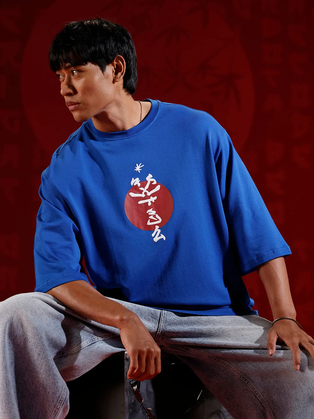 Men’s samurai mask graphic oversized T-shirt | Blue sold by Wrogn