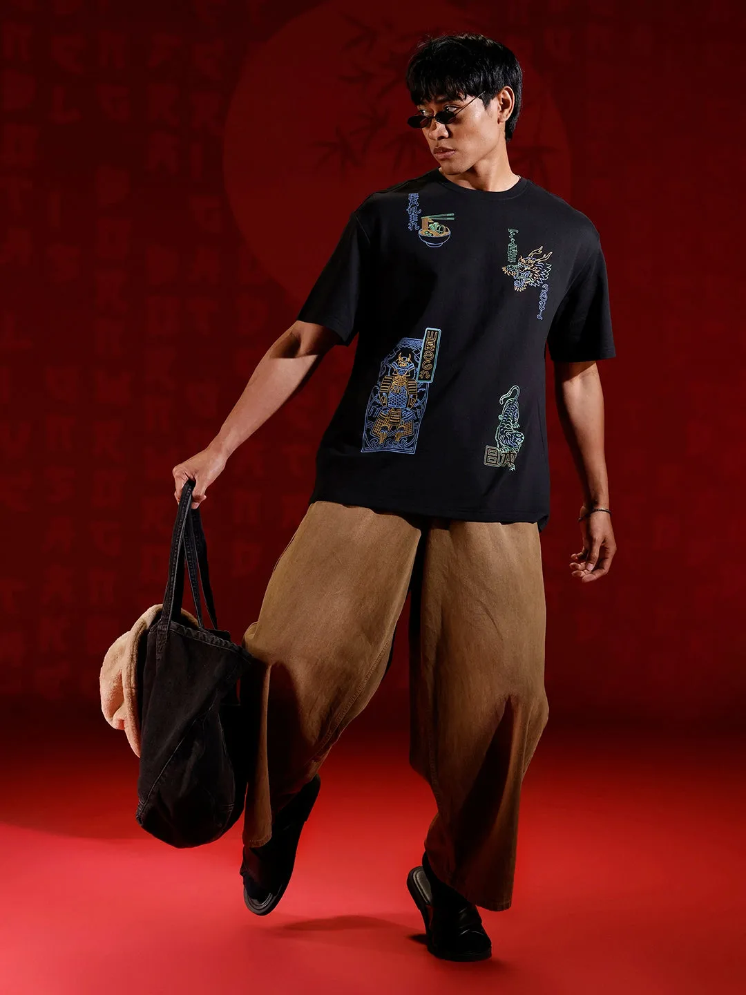 Samurai multi-print oversized T-shirt | Black sold by Wrogn product image thumbnail 2