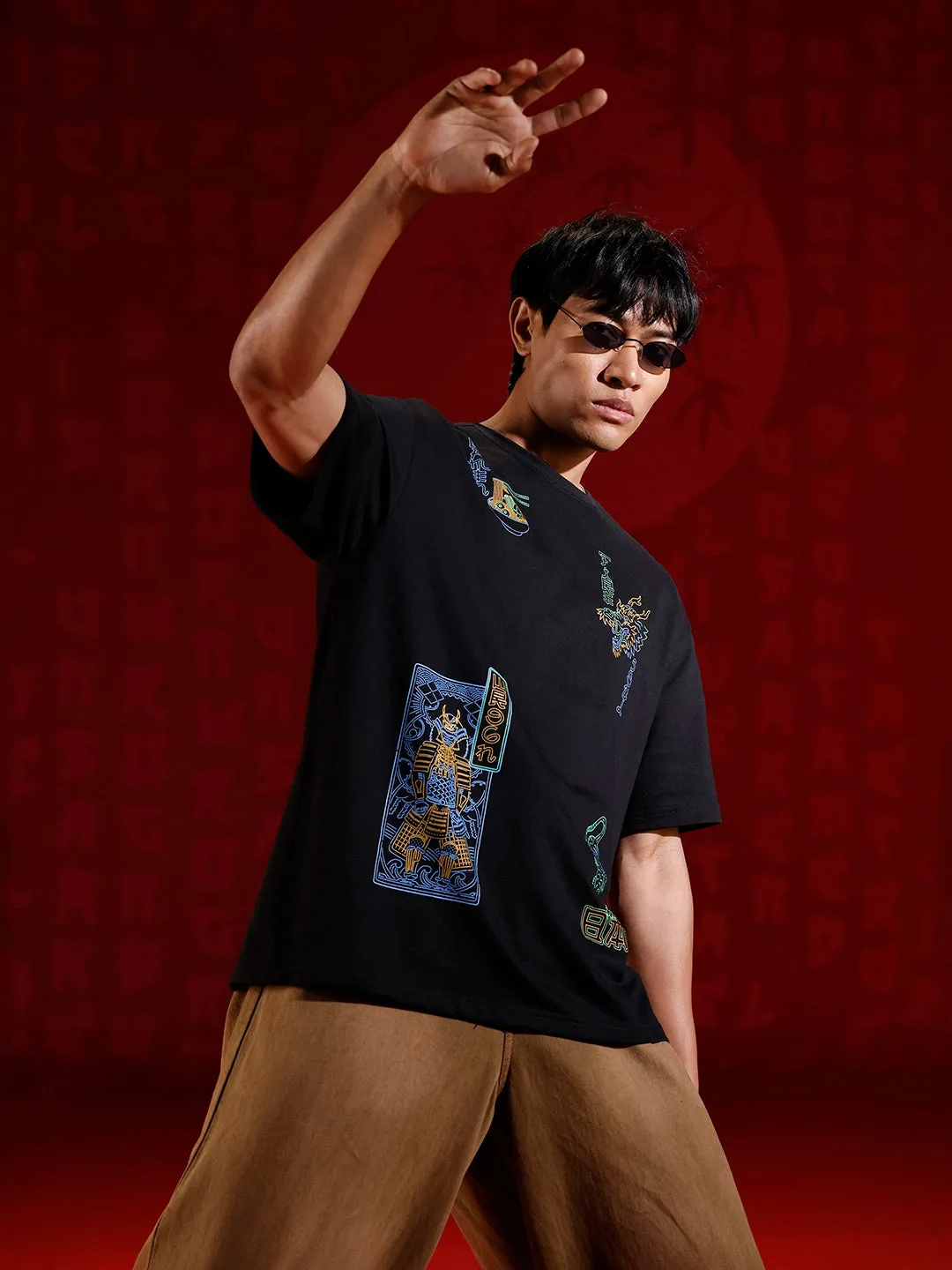 Samurai multi-print oversized T-shirt | Black sold by Wrogn