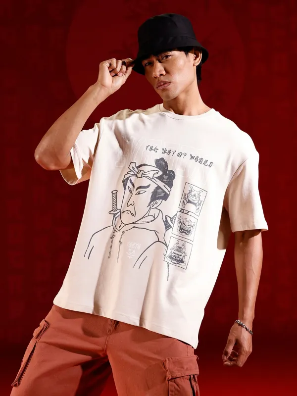 Oversized T-shirt with Samurai Graphic Print | Beige sold by Wrogn
