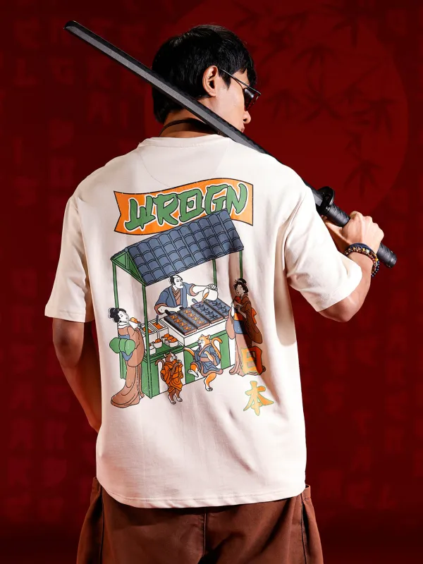 Oversized Black Cotton T-shirt with Graphic Accent | Beige sold by Wrogn