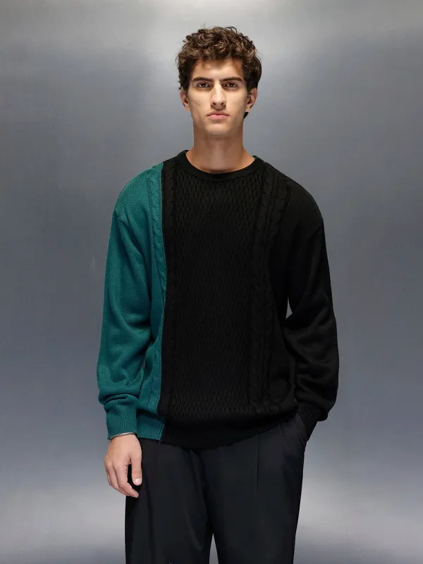 Men's Slim Fit Cable Knit Colorblocked Sweater  |  Black sold by Wrogn