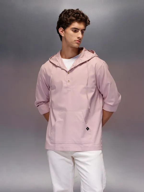 Men's Regular Fit Half Placket Hooded Shirt  |  Pink sold by Wrogn