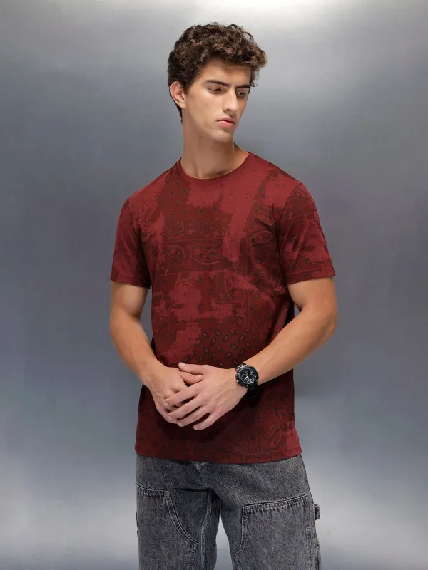 Men's slim fit Casual Tshirt with Paisley AOP  | Maroon made by Wrogn