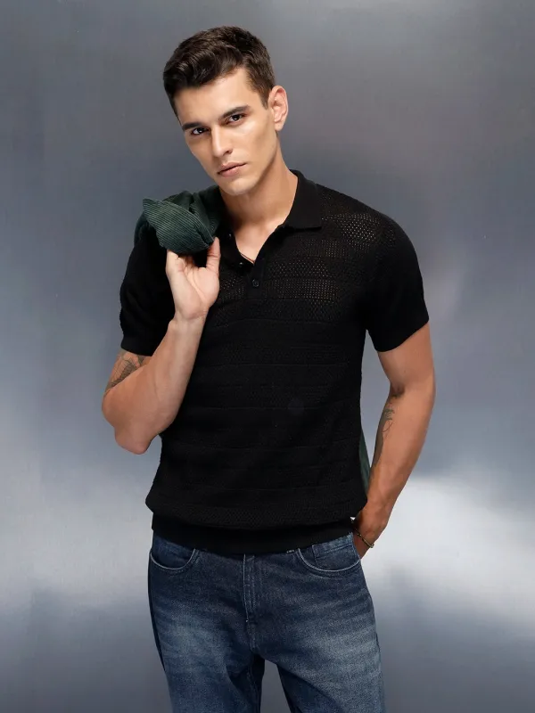 Textured Knit slim fit Polo T-shirt | Black sold by Wrogn