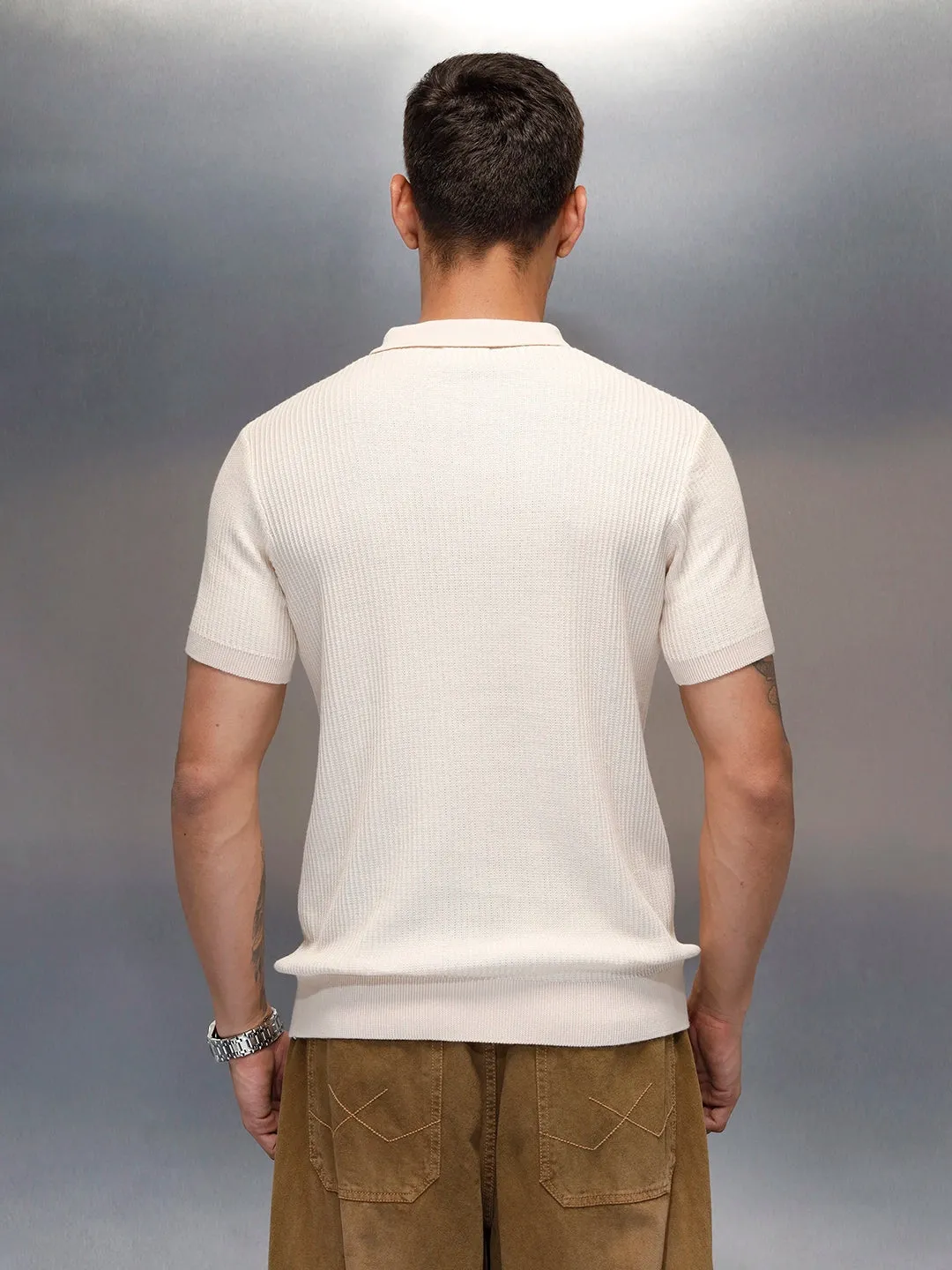 Textured Knit slim fit Polo T-shirt | Beige sold by Wrogn product image thumbnail 3